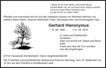 Traueranzeige von Gerhard Hieronymus von Trauerportal Echo Online