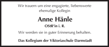 Traueranzeige von Anne Hänle von Trauerportal Echo Online