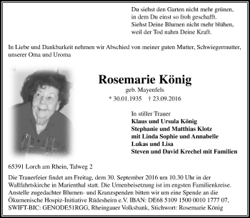 Traueranzeige von Rosemarie König von Trauerportal Rhein Main Presse