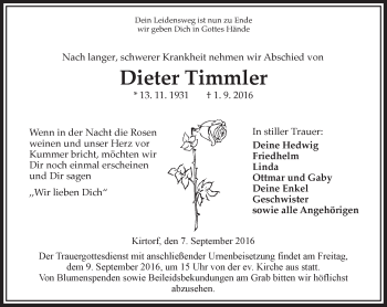 Traueranzeige von Dieter Timmler von VRM Trauer