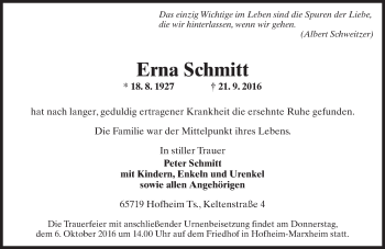 Traueranzeige von Erna Schmitt von Trauerportal Rhein Main Presse