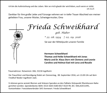 Traueranzeige von Frieda Schweikhard von Trauerportal Rhein Main Presse