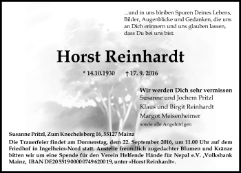 Traueranzeige von Horst Reinhardt von Trauerportal Rhein Main Presse