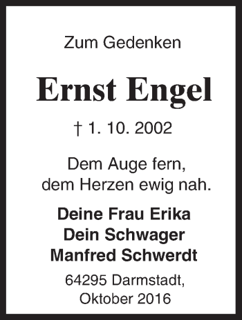 Traueranzeige von Ernst Engel von Trauerportal Echo Online