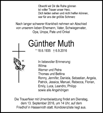 Traueranzeige von Günther Muth von Trauerportal Echo Online