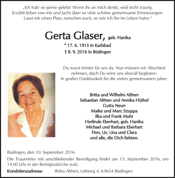 Traueranzeige von Gerta Glaser von  Kreisanzeiger