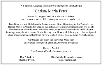Traueranzeige von Christa Maria Peter von Trauerportal Rhein Main Presse