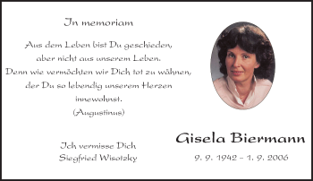 Traueranzeige von Gisela Biermann von Trauerportal Echo Online