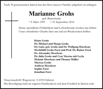 Traueranzeige von Marianne Grohs von Trauerportal Rhein Main Presse