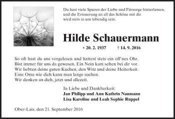 Traueranzeige von Hilde Schauermann von  Kreisanzeiger