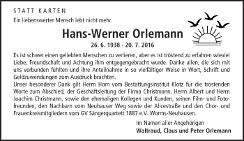 Traueranzeige von Hans-Werner Orlemann von Trauerportal Rhein Main Presse