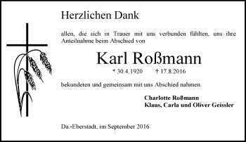 Traueranzeige von Karl Roßmann von Trauerportal Echo Online