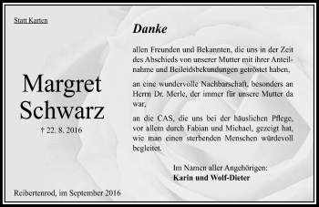 Traueranzeige von Margret Schwarz von VRM Trauer