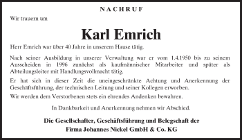 Traueranzeige von Karl Emrich von  Kreisanzeiger