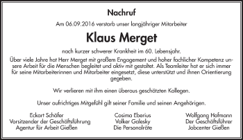 Traueranzeige von Klaus Merget von  Gießener Anzeiger