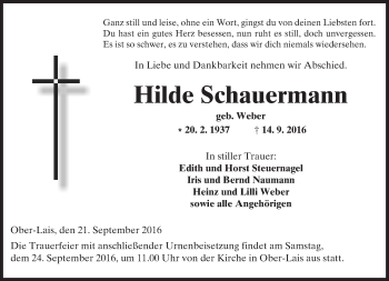 Traueranzeige von Hilde Schauermann von  Kreisanzeiger