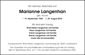 Traueranzeige von Marianne Langenhan von VRM Trauer