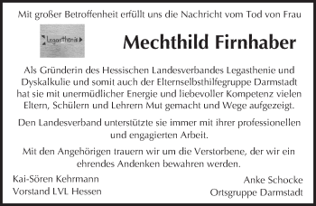 Traueranzeige von Mechthild Firnhaber von Trauerportal Echo Online
