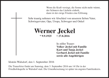 Traueranzeige von Werner Jeckel von Trauerportal Rhein Main Presse