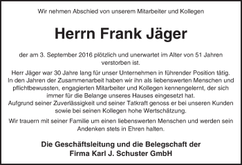 Traueranzeige von Frank Jäger von Trauerportal Echo Online