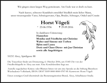 Traueranzeige von Horst Vögeli von Trauerportal Rhein Main Presse