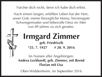 Traueranzeige von Irmgard Zimmer von  Kreisanzeiger