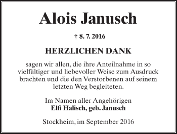 Traueranzeige von Alois Janusch von  Kreisanzeiger