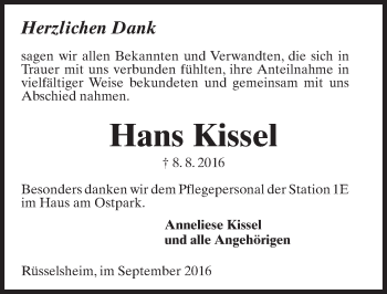 Traueranzeige von Hans Kissel von Trauerportal Rhein Main Presse