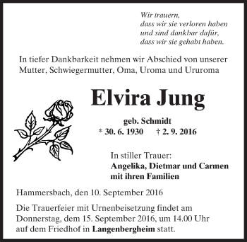 Traueranzeige von Elvira Jung von  Kreisanzeiger