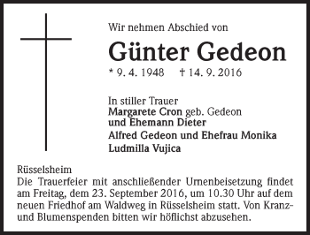 Traueranzeige von Günter Gedeon von Trauerportal Echo Online