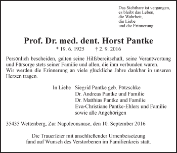 Traueranzeige von Horst Pantke von  Gießener Anzeiger