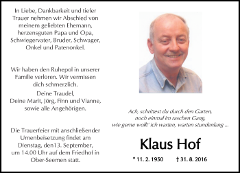 Traueranzeige von Klaus Hof von  Kreisanzeiger