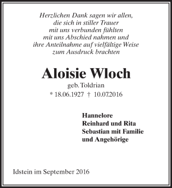 Traueranzeige von Aloisie Wloch von Trauerportal Rhein Main Presse