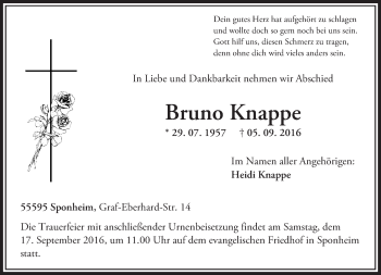 Traueranzeige von Bruno Knappe von Trauerportal Rhein Main Presse