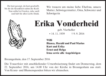 Traueranzeige von Erika Vonderheid von  Kreisanzeiger