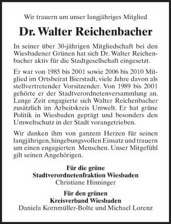 Traueranzeige von Walter Reichenbacher von Trauerportal Rhein Main Presse