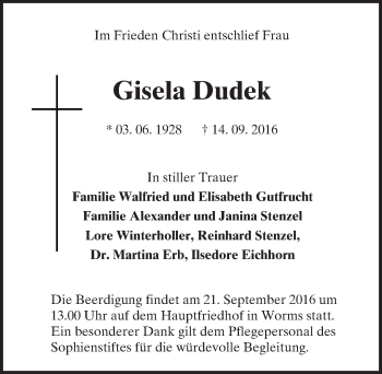 Traueranzeige von Gisela Dudek von Trauerportal Rhein Main Presse