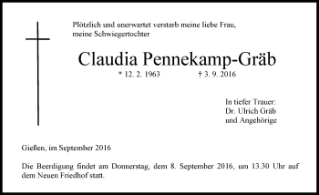 Traueranzeige von Claudia Pennekamp-Gräb von  Gießener Anzeiger