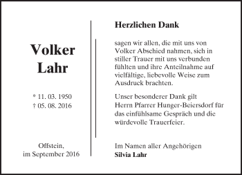 Traueranzeige von Volker Lahr von Trauerportal Rhein Main Presse