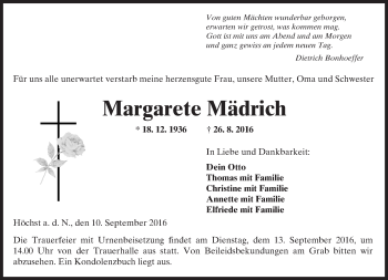 Traueranzeige von Margarete Mädrich von  Kreisanzeiger