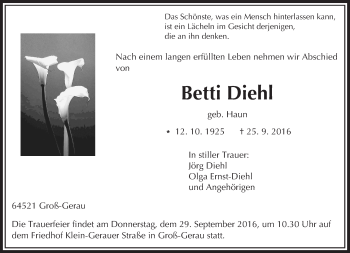 Traueranzeige von Betti Diehl von Trauerportal Echo Online