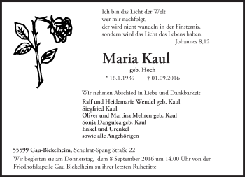 Traueranzeige von Maria Kaul von Trauerportal Rhein Main Presse