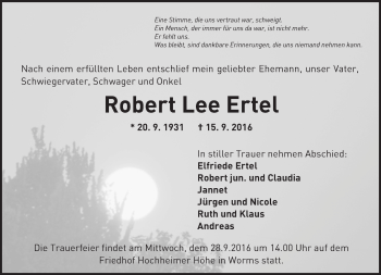 Traueranzeige von Robert Lee Ertel von Trauerportal Rhein Main Presse