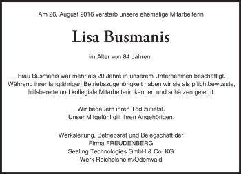 Traueranzeige von Lisa Busmanis von Trauerportal Echo Online