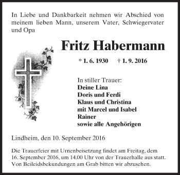 Traueranzeige von Fritz Habermann von  Kreisanzeiger