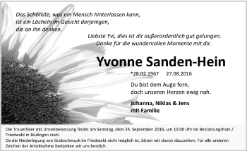 Traueranzeige von Yvonne Sanden-Hein von  Kreisanzeiger
