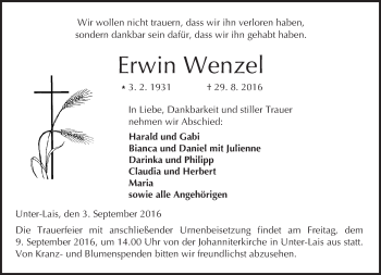 Traueranzeige von Erwin Wenzel von  Kreisanzeiger