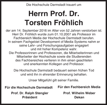 Traueranzeige von Torsten Fröhlich von Trauerportal Echo Online