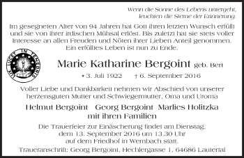 Traueranzeige von Marie Katherine Bergoint von Trauerportal Echo Online