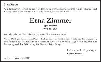 Traueranzeige von Erna Zimmer von Trauerportal Rhein Main Presse
